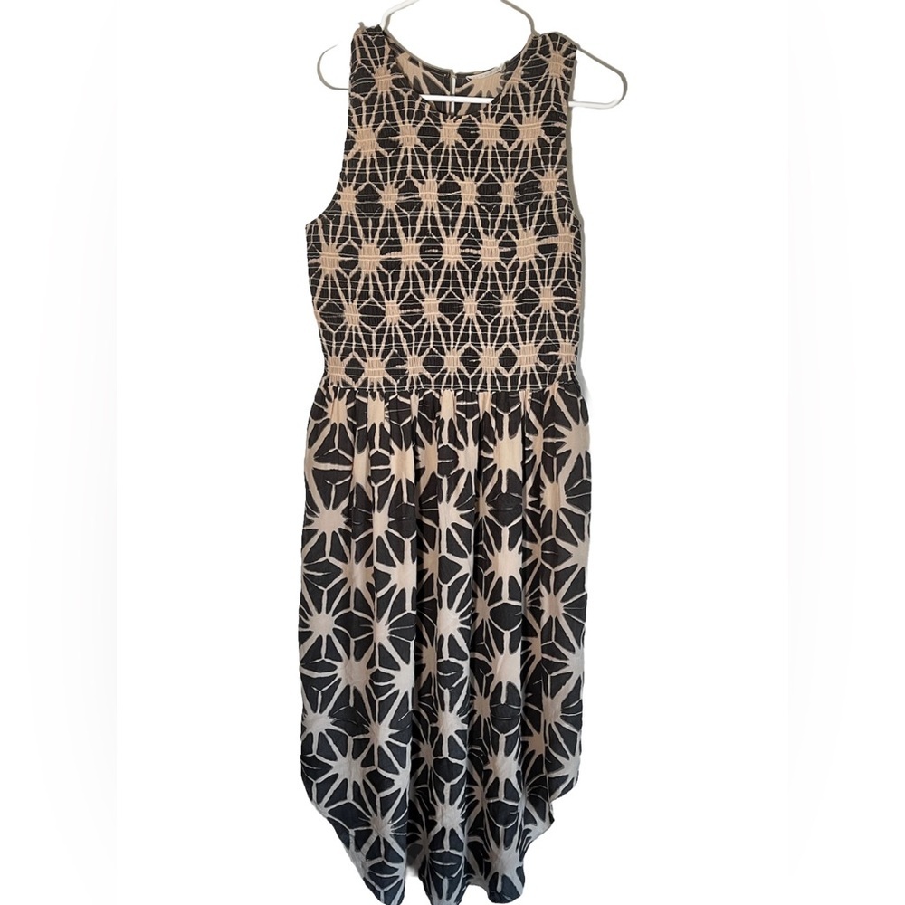 Ulla Johnson Black and Cream Midi Dress with Smocked Bodice